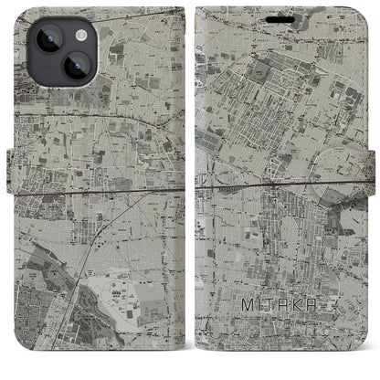 【三鷹（東京都）】地図柄iPhoneケース（手帳タイプ）モノトーン・iPhone 14 Plus 用