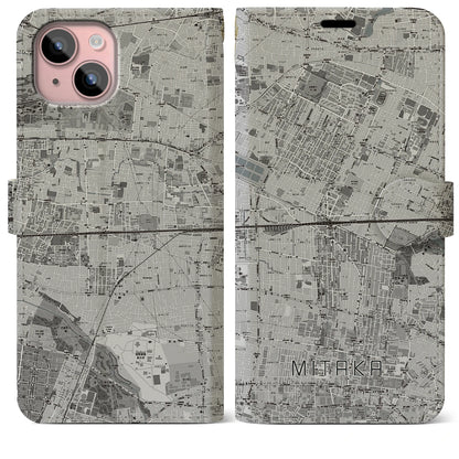 【三鷹（東京都）】地図柄iPhoneケース（手帳タイプ）モノトーン・iPhone 15 Plus 用