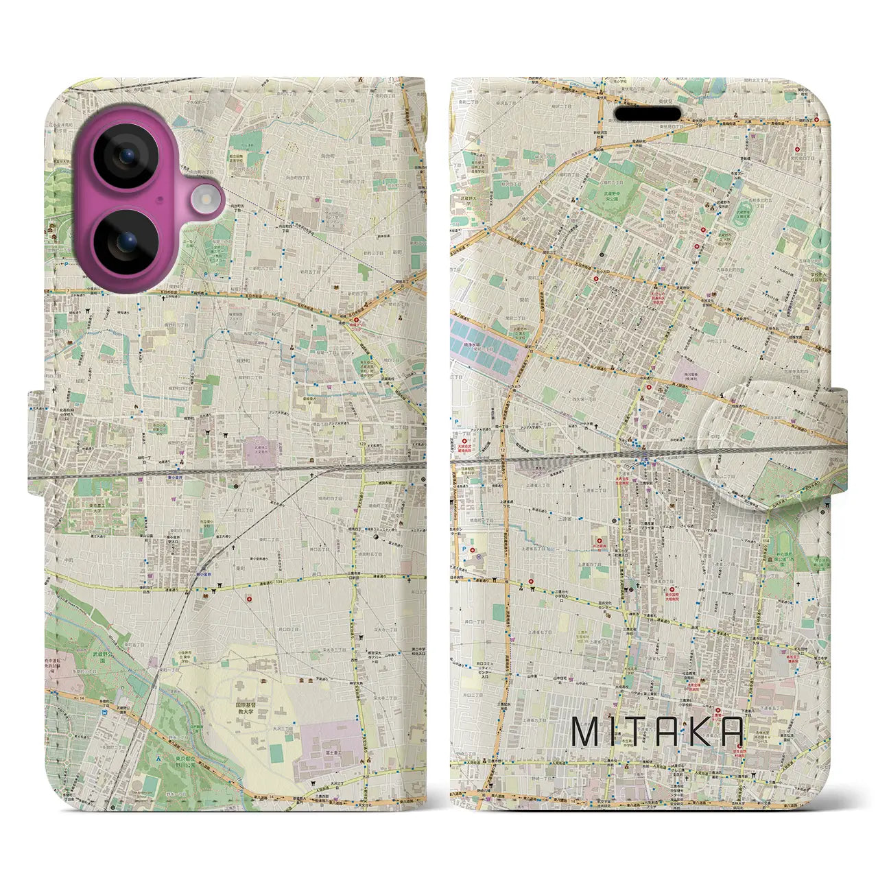 【三鷹（東京都）】地図柄iPhoneケース（手帳タイプ）ナチュラル・iPhone 16 Pro 用