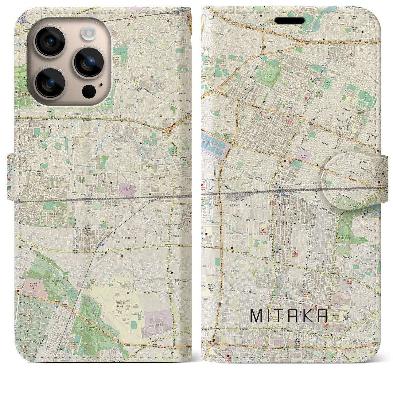 【三鷹（東京都）】地図柄iPhoneケース（手帳タイプ）ナチュラル・iPhone 16 Plus 用