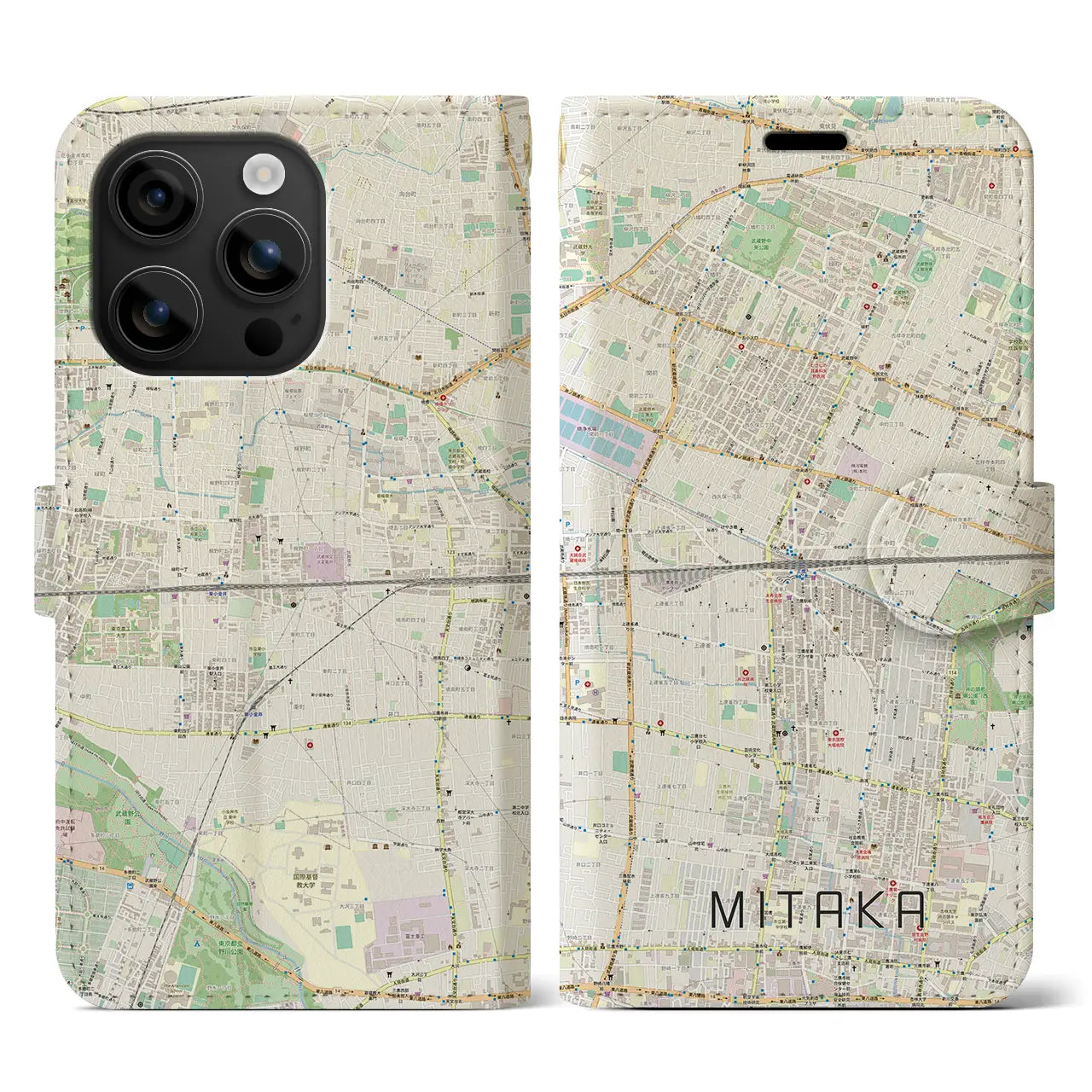 【三鷹（東京都）】地図柄iPhoneケース（手帳タイプ）ナチュラル・iPhone 16 用