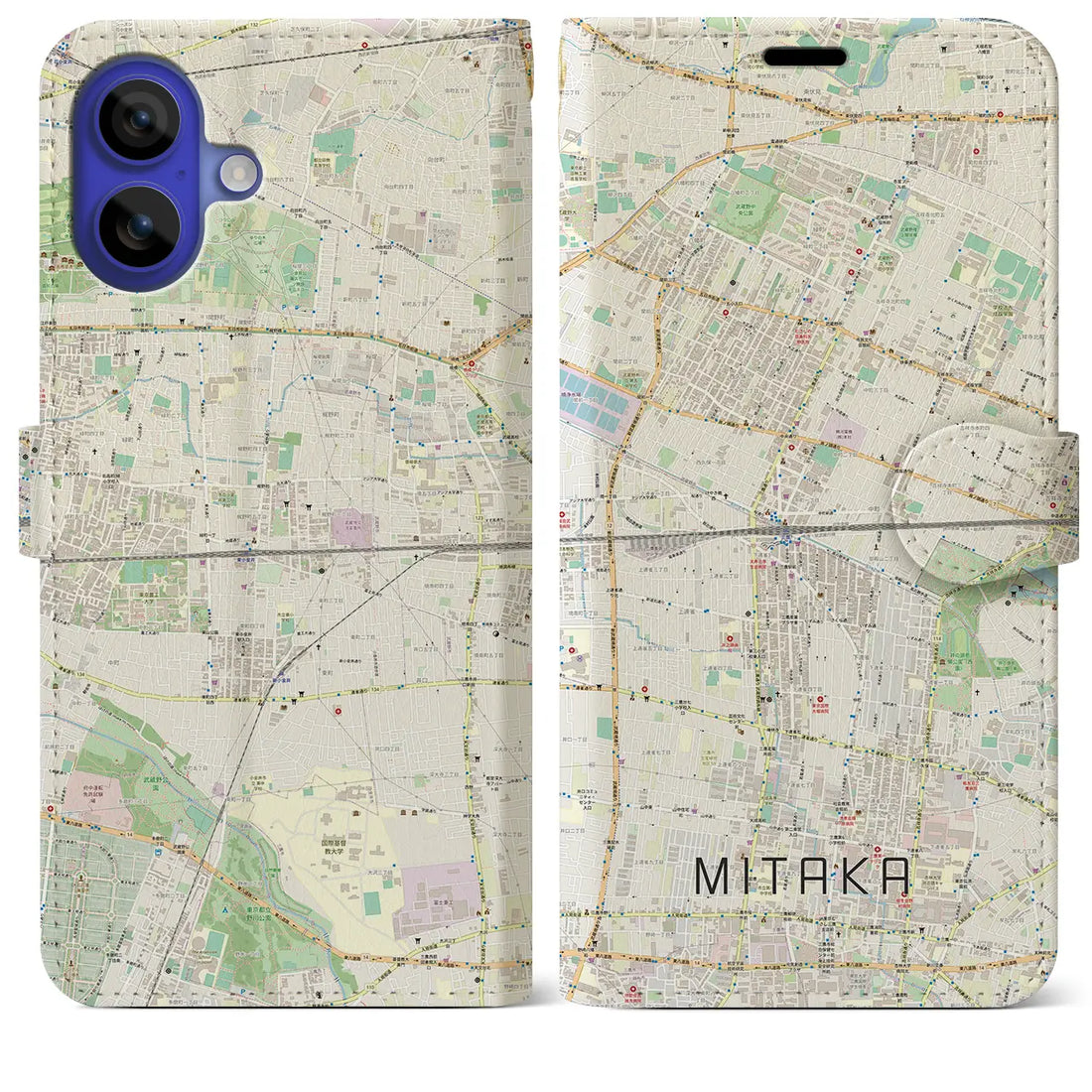 【三鷹（東京都）】地図柄iPhoneケース（手帳タイプ）ナチュラル・iPhone 16 Pro Max 用