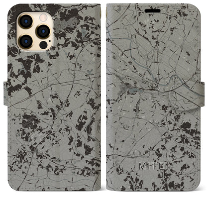 【水戸（茨城県）】地図柄iPhoneケース（手帳タイプ）モノトーン・iPhone 12 Pro Max 用