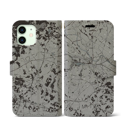 【水戸（茨城県）】地図柄iPhoneケース（手帳タイプ）モノトーン・iPhone 12 mini 用