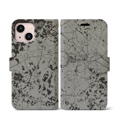 【水戸（茨城県）】地図柄iPhoneケース（手帳タイプ）モノトーン・iPhone 13 mini 用