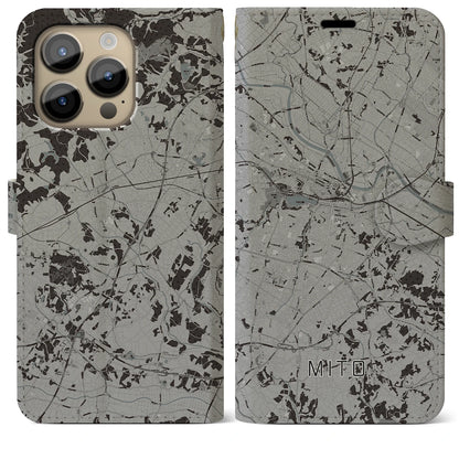 【水戸（茨城県）】地図柄iPhoneケース（手帳タイプ）モノトーン・iPhone 14 Pro Max 用