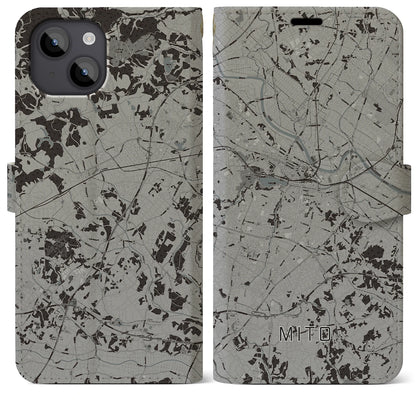 【水戸（茨城県）】地図柄iPhoneケース（手帳タイプ）モノトーン・iPhone 14 Plus 用