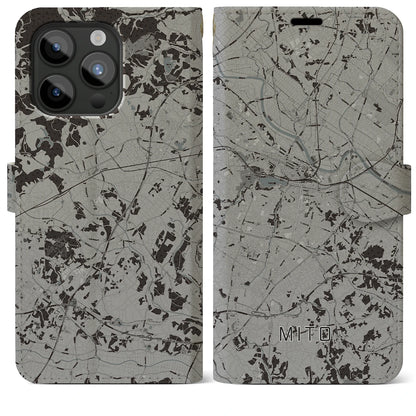 【水戸（茨城県）】地図柄iPhoneケース（手帳タイプ）モノトーン・iPhone 15 Pro Max 用