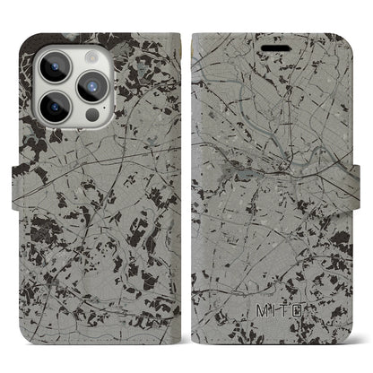 【水戸（茨城県）】地図柄iPhoneケース（手帳タイプ）モノトーン・iPhone 15 Pro 用