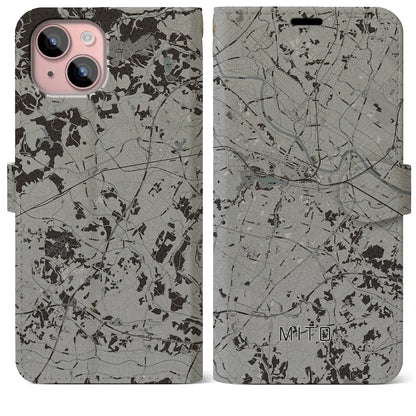 【水戸（茨城県）】地図柄iPhoneケース（手帳タイプ）モノトーン・iPhone 15 Plus 用