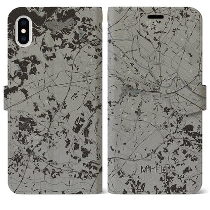 【水戸（茨城県）】地図柄iPhoneケース（手帳タイプ）モノトーン・iPhone XS Max 用