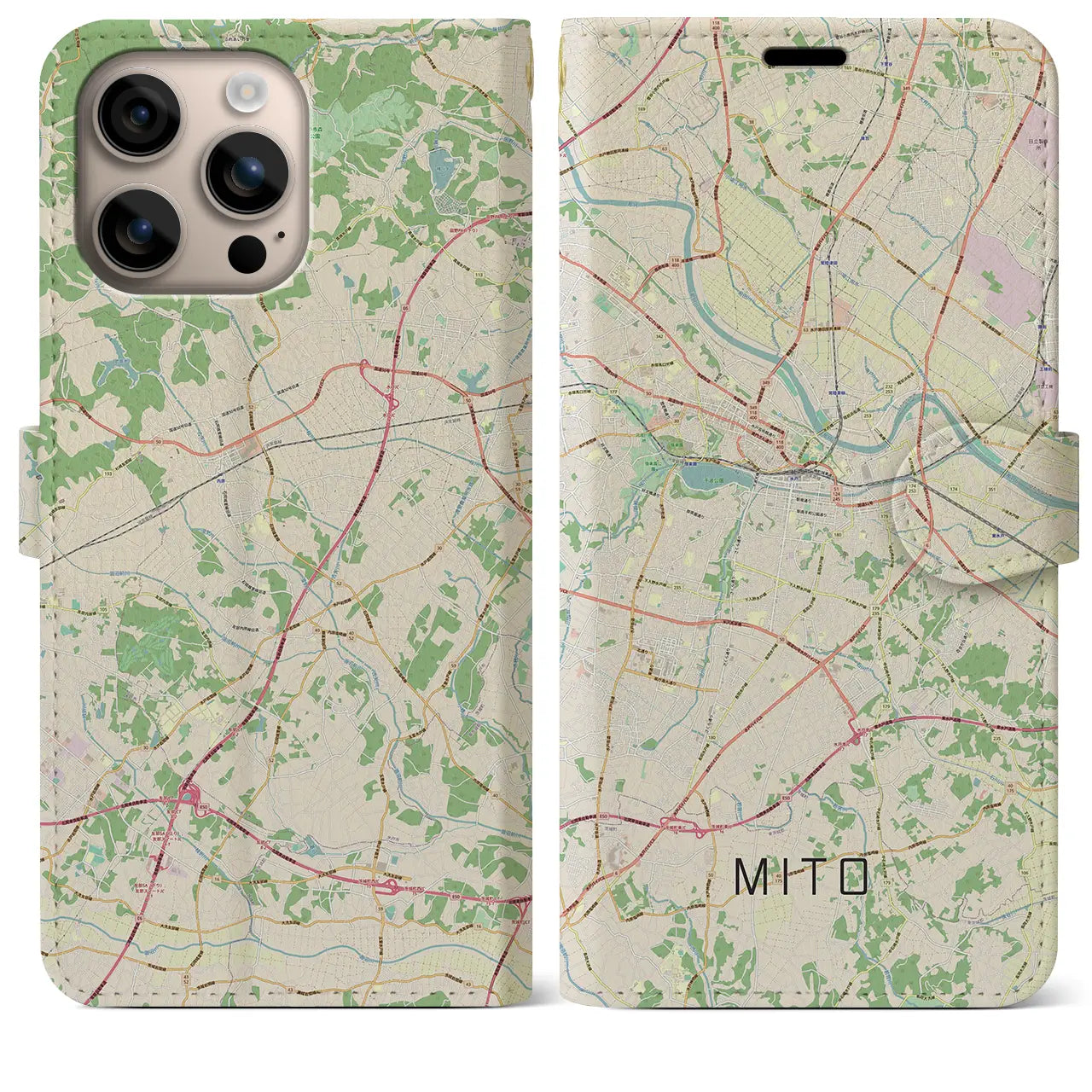 【水戸（茨城県）】地図柄iPhoneケース（手帳タイプ）ナチュラル・iPhone 16 Plus 用