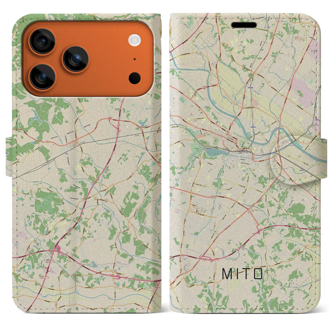 【水戸（茨城県）】地図柄iPhoneケース（手帳タイプ）ナチュラル・iPhone 17 Pro Max 用
