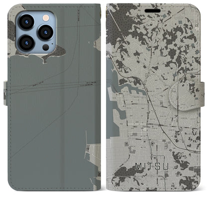 【三津（愛媛県）】地図柄iPhoneケース（手帳タイプ）モノトーン・iPhone 13 Pro Max 用