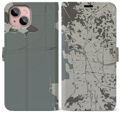 【三津（愛媛県）】地図柄iPhoneケース（手帳タイプ）モノトーン・iPhone 15 Plus 用