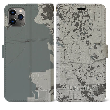 【三津浜（愛媛県）】地図柄iPhoneケース（手帳タイプ）モノトーン・iPhone 11 Pro Max 用