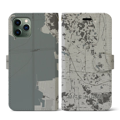 【三津浜（愛媛県）】地図柄iPhoneケース（手帳タイプ）モノトーン・iPhone 11 Pro 用