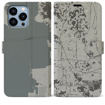 【三津浜（愛媛県）】地図柄iPhoneケース（手帳タイプ）モノトーン・iPhone 13 Pro Max 用