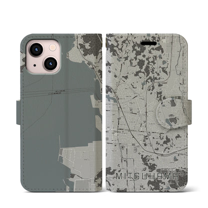 【三津浜（愛媛県）】地図柄iPhoneケース（手帳タイプ）モノトーン・iPhone 13 mini 用