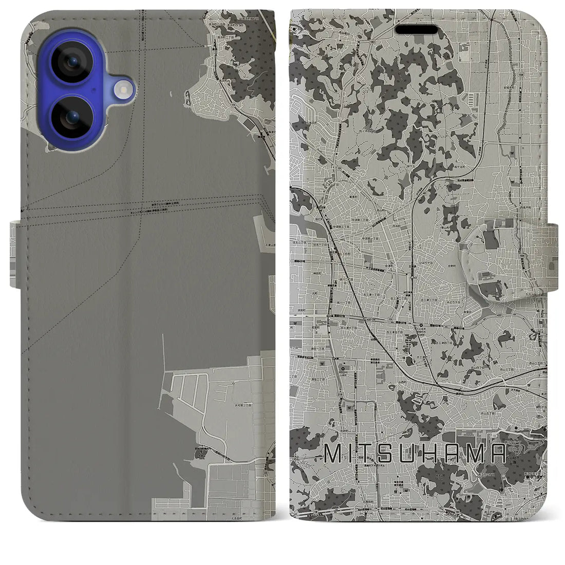 【三津浜(愛媛県)】地図柄iPhoneケース(手帳タイプ)モノトーン・iPhone 16 Pro Max 用