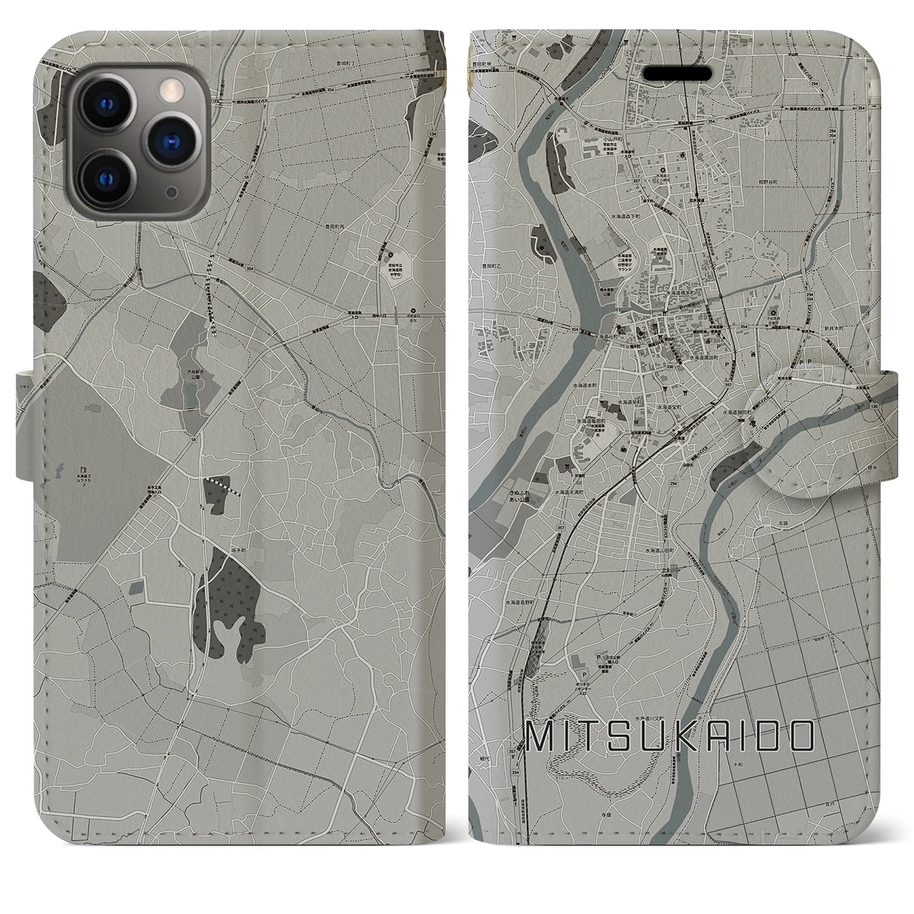 【水海道】地図柄iPhoneケース（手帳両面タイプ・モノトーン）iPhone 11 Pro Max 用