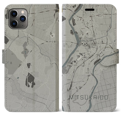 【水海道（茨城県）】地図柄iPhoneケース（手帳タイプ）モノトーン・iPhone 11 Pro Max 用