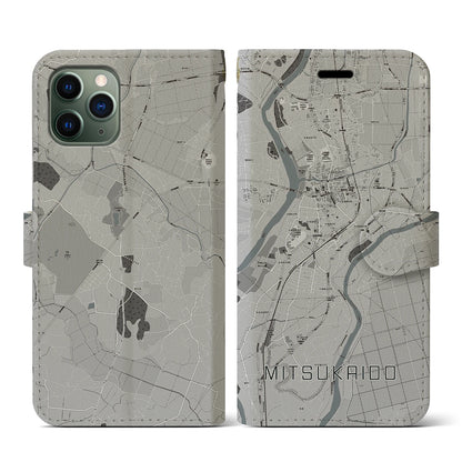 【水海道（茨城県）】地図柄iPhoneケース（手帳タイプ）モノトーン・iPhone 11 Pro 用