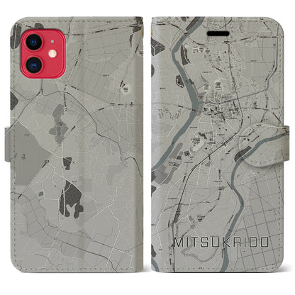 【水海道（茨城県）】地図柄iPhoneケース（手帳タイプ）モノトーン・iPhone 11 用