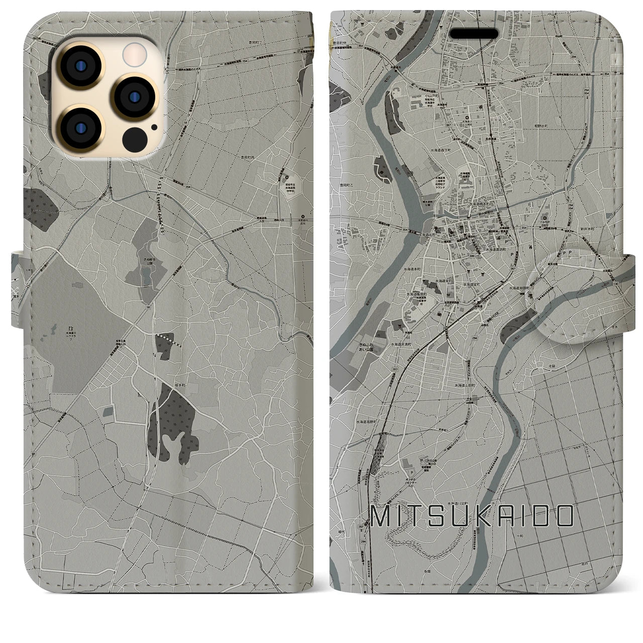 【水海道】地図柄iPhoneケース（手帳両面タイプ・モノトーン）iPhone 12 Pro Max 用