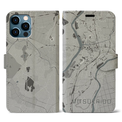 【水海道（茨城県）】地図柄iPhoneケース（手帳タイプ）モノトーン・iPhone 12 / 12 Pro 用