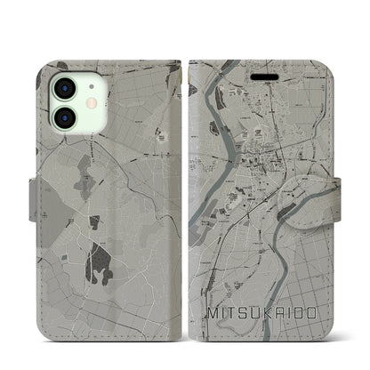 【水海道（茨城県）】地図柄iPhoneケース（手帳タイプ）モノトーン・iPhone 12 mini 用