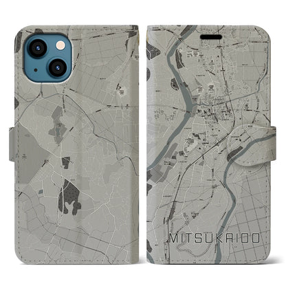 【水海道（茨城県）】地図柄iPhoneケース（手帳タイプ）モノトーン・iPhone 13 用