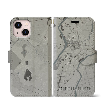 【水海道（茨城県）】地図柄iPhoneケース（手帳タイプ）モノトーン・iPhone 13 mini 用