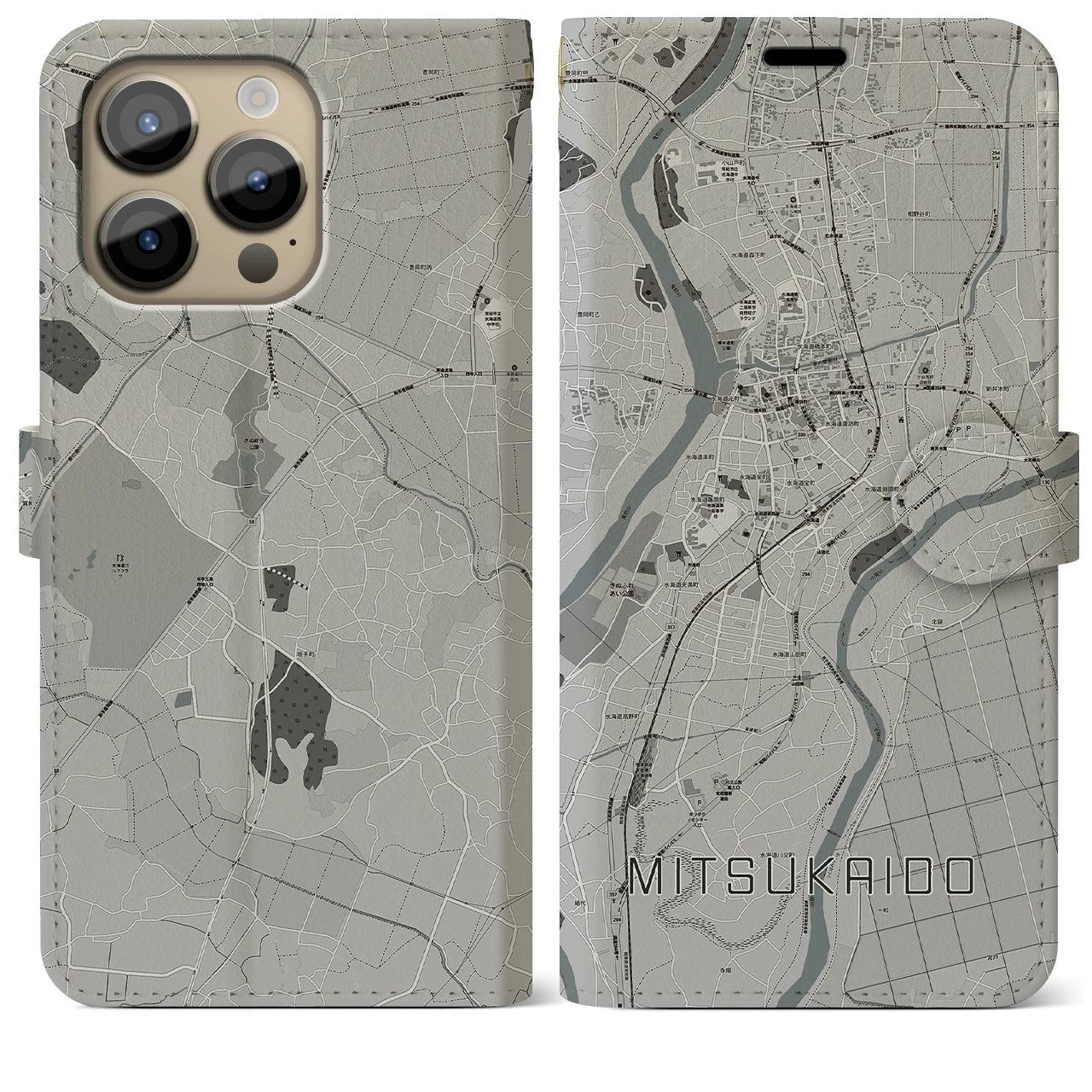 【水海道】地図柄iPhoneケース（手帳両面タイプ・モノトーン）iPhone 14 Pro Max 用