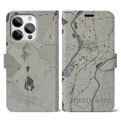 【水海道（茨城県）】地図柄iPhoneケース（手帳タイプ）モノトーン・iPhone 14 Pro 用