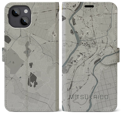 【水海道（茨城県）】地図柄iPhoneケース（手帳タイプ）モノトーン・iPhone 14 Plus 用