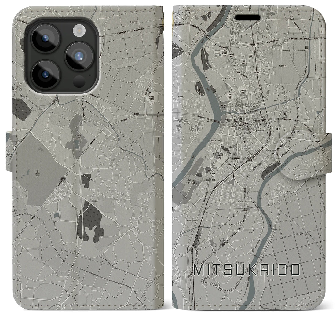 【水海道】地図柄iPhoneケース（手帳両面タイプ・モノトーン）iPhone 15 Pro Max 用