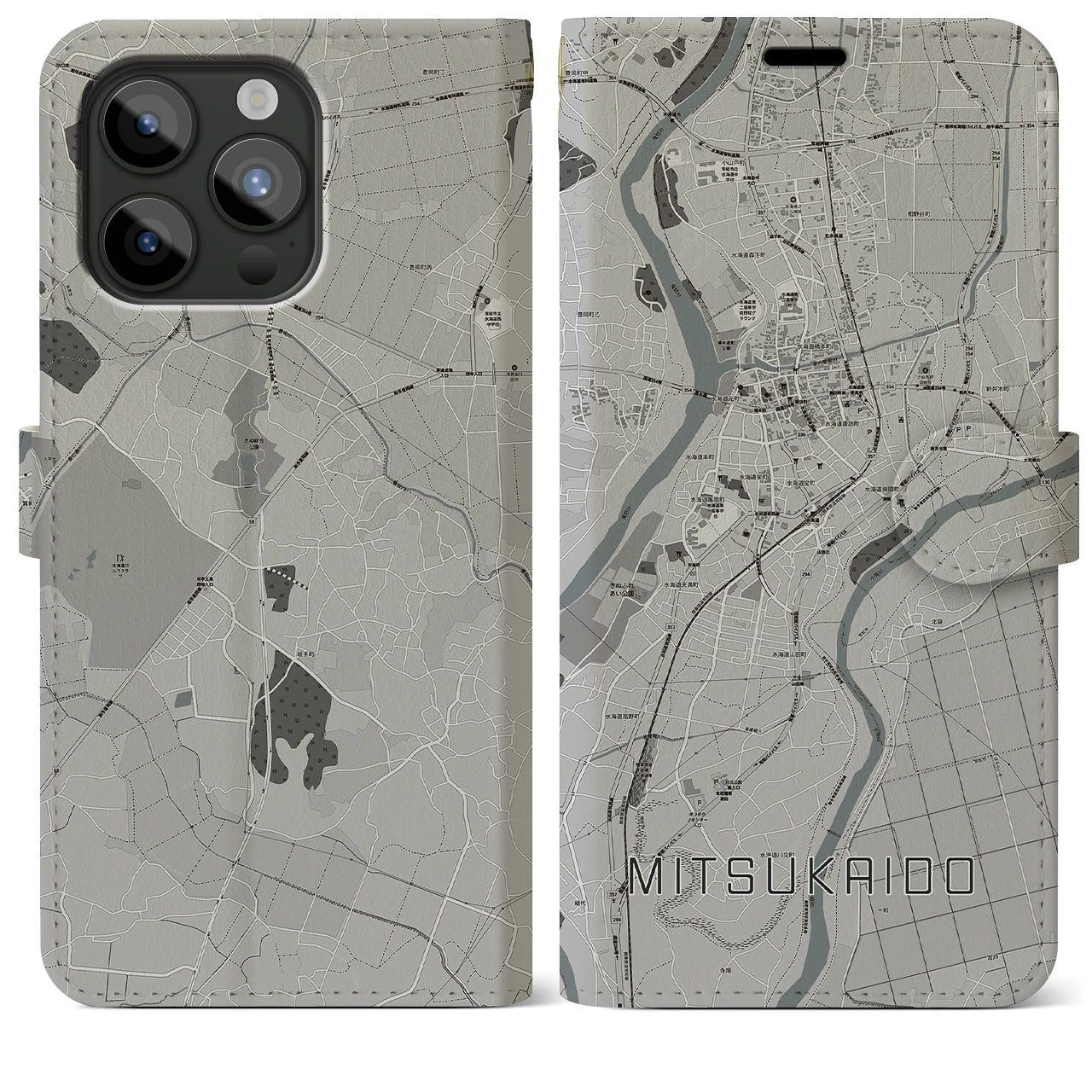 【水海道】地図柄iPhoneケース（手帳両面タイプ・モノトーン）iPhone 15 Pro Max 用