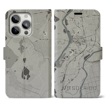 【水海道（茨城県）】地図柄iPhoneケース（手帳タイプ）モノトーン・iPhone 15 Pro 用
