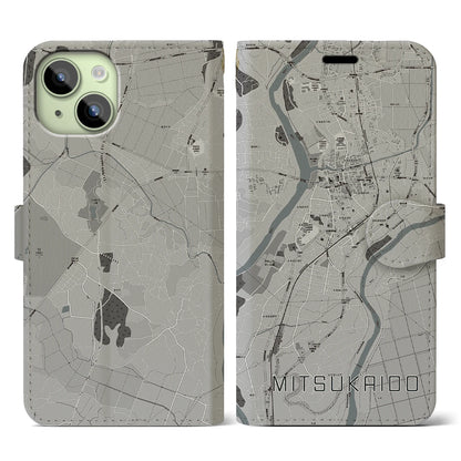 【水海道（茨城県）】地図柄iPhoneケース（手帳タイプ）モノトーン・iPhone 15 用