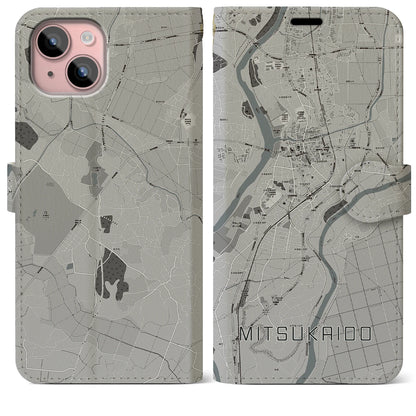 【水海道（茨城県）】地図柄iPhoneケース（手帳タイプ）モノトーン・iPhone 15 Plus 用