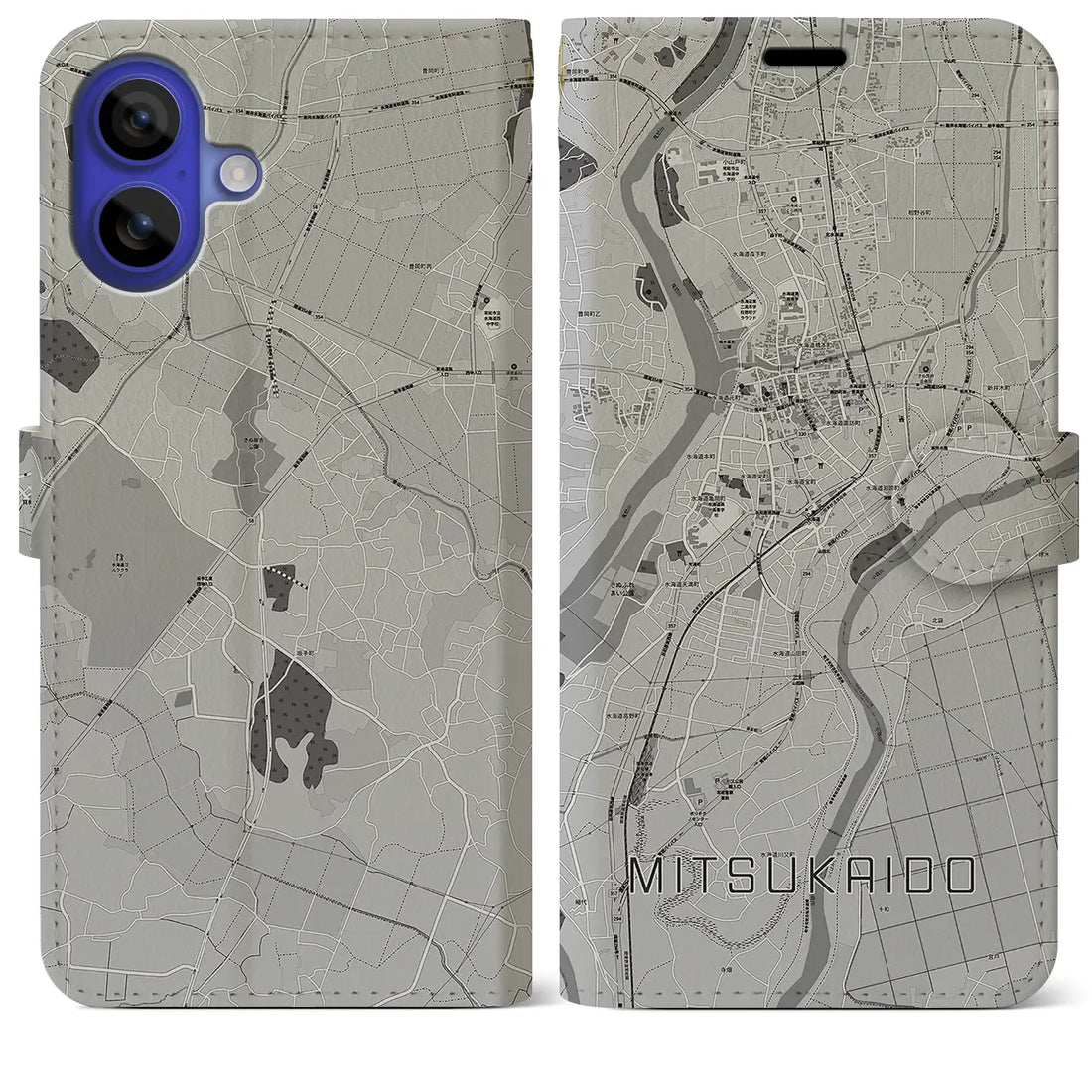 【水海道(茨城県)】地図柄iPhoneケース(手帳タイプ)モノトーン・iPhone 16 Pro Max 用