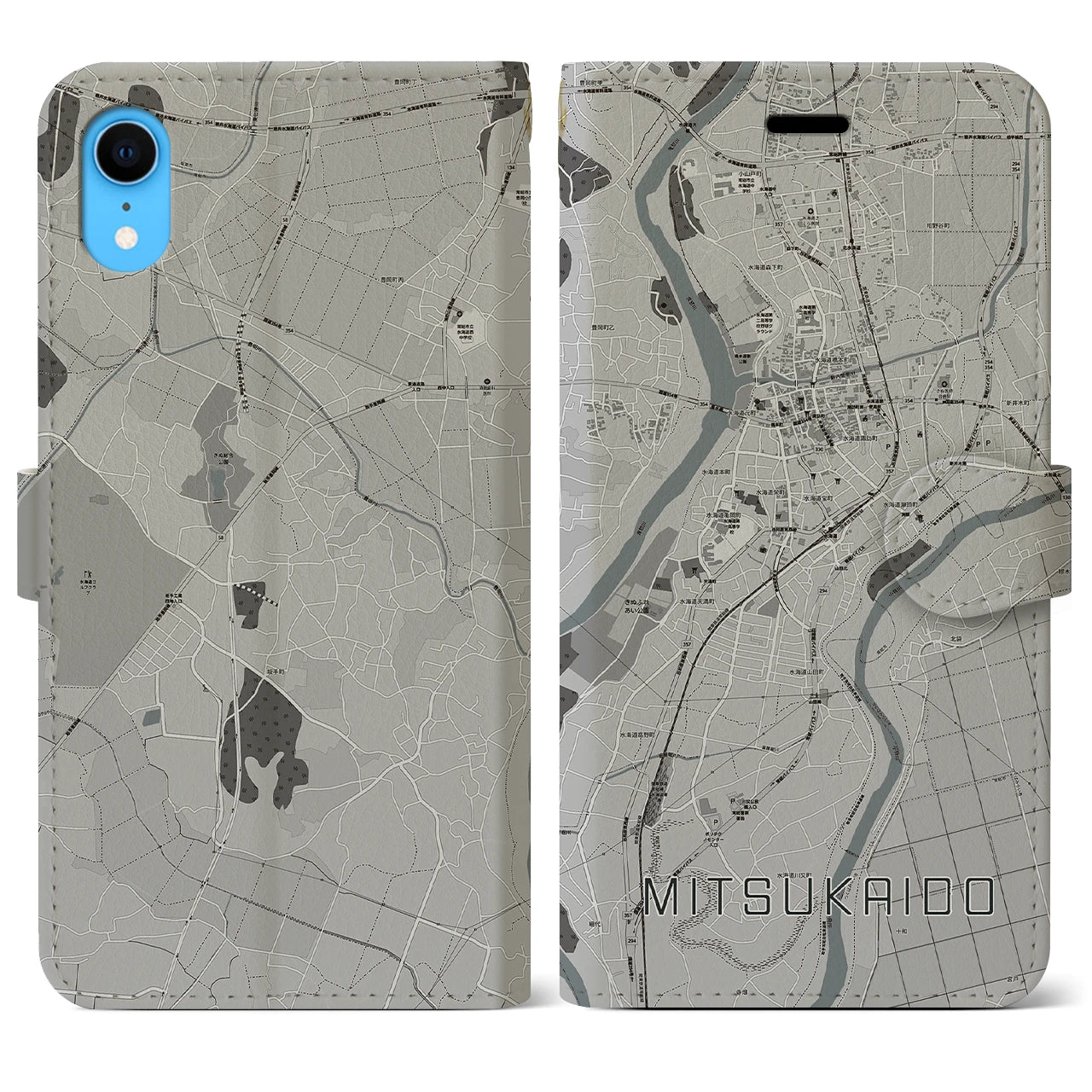【水海道】地図柄iPhoneケース（手帳両面タイプ・モノトーン）iPhone XR 用