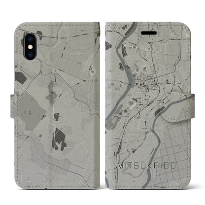 【水海道（茨城県）】地図柄iPhoneケース（手帳タイプ）モノトーン・iPhone XS / X 用