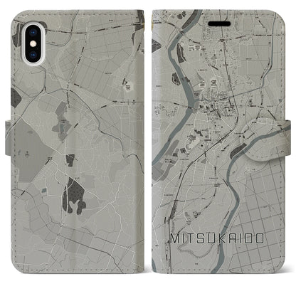 【水海道（茨城県）】地図柄iPhoneケース（手帳タイプ）モノトーン・iPhone XS Max 用