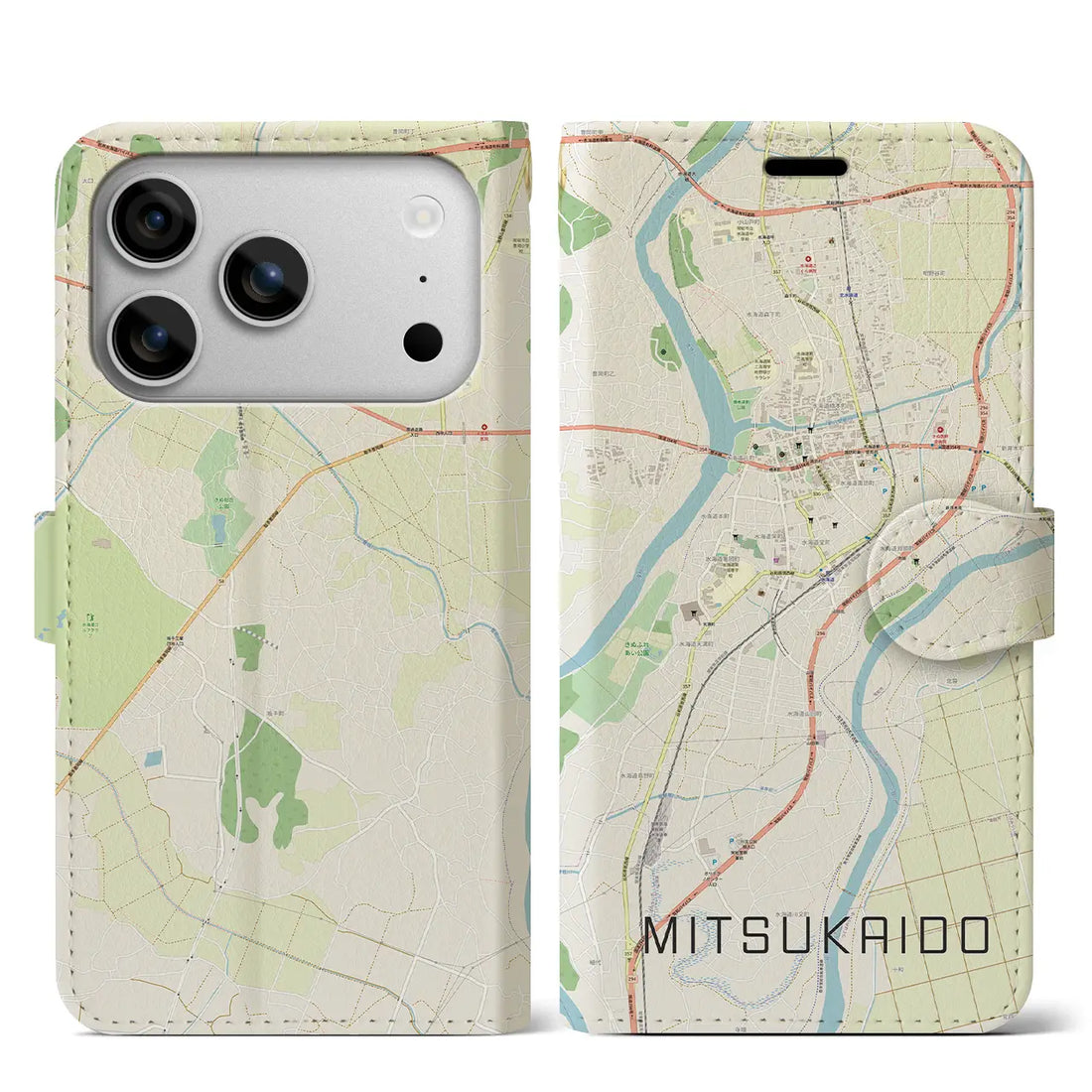 【水海道(茨城県)】地図柄iPhoneケース(手帳タイプ)モノトーン・iPhone 17 Pro Max 用