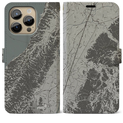 【見附（新潟県）】地図柄iPhoneケース（手帳タイプ）モノトーン・iPhone 14 Pro Max 用