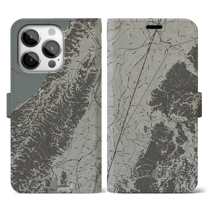 【見附（新潟県）】地図柄iPhoneケース（手帳タイプ）モノトーン・iPhone 14 Pro 用