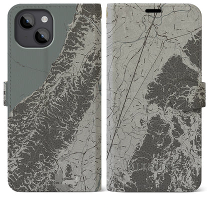 【見附（新潟県）】地図柄iPhoneケース（手帳タイプ）モノトーン・iPhone 14 Plus 用