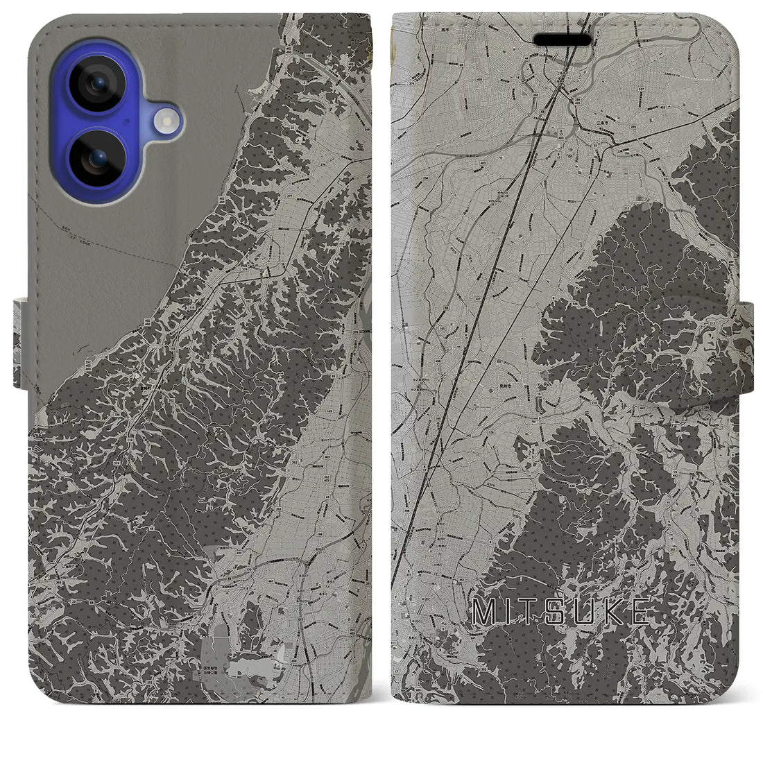 【見附(新潟県)】地図柄iPhoneケース(手帳タイプ)モノトーン・iPhone 16 Pro Max 用